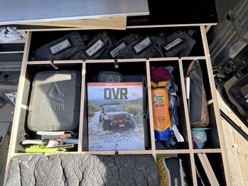 Inside the Bronco drawer system, separators and dividers make it easy to organize gear. To control rattle, place in bags or place towels on top.