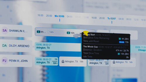 Optym's LoadAi features a grid view, which displays driver assignments, availabilty, and more information at a dispatcher's fingertips.