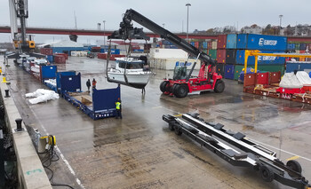 Targa 27.2 On the Lift while being offloaded in Portland, Maine